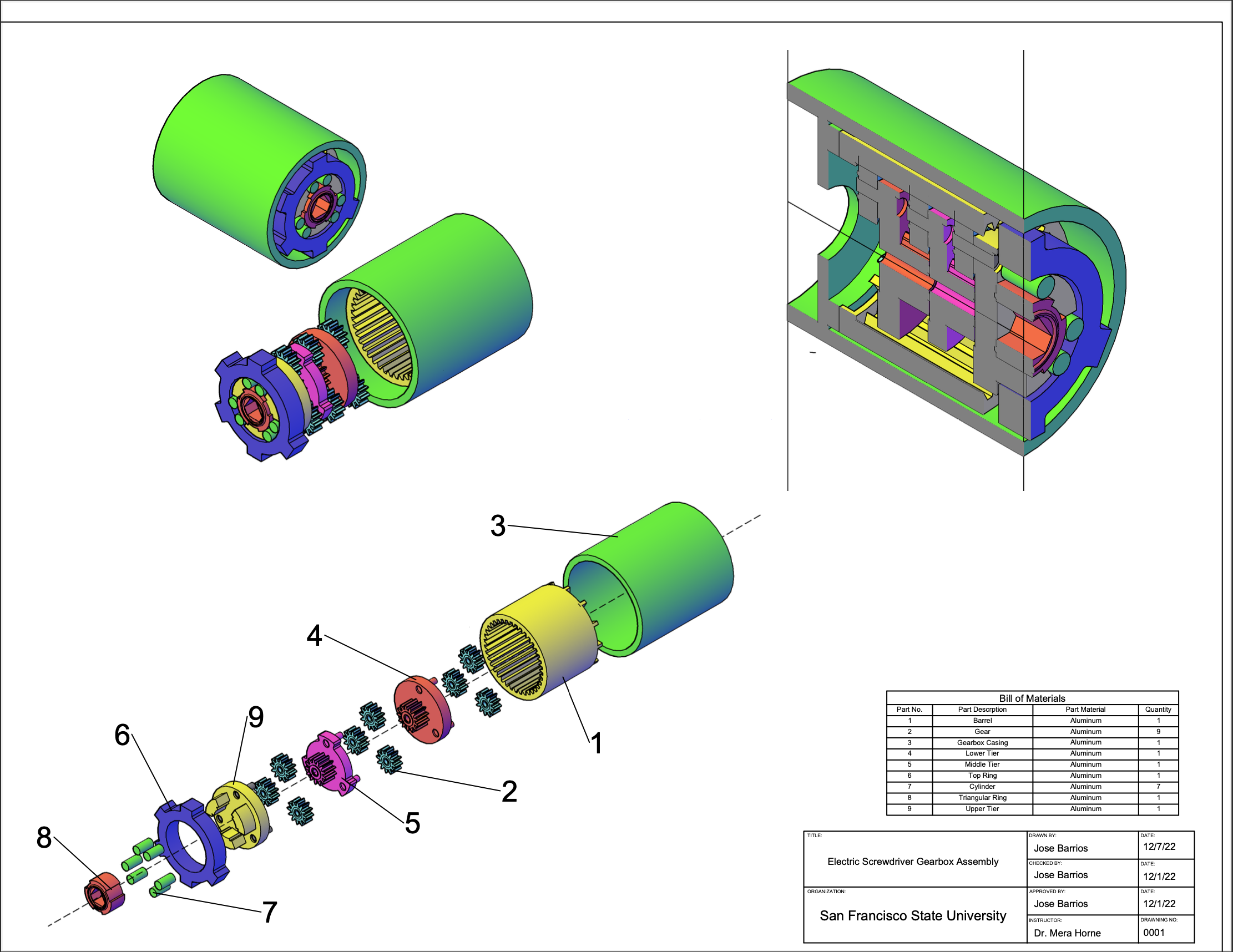 CAD mechanical drawing for the gearbox assembly