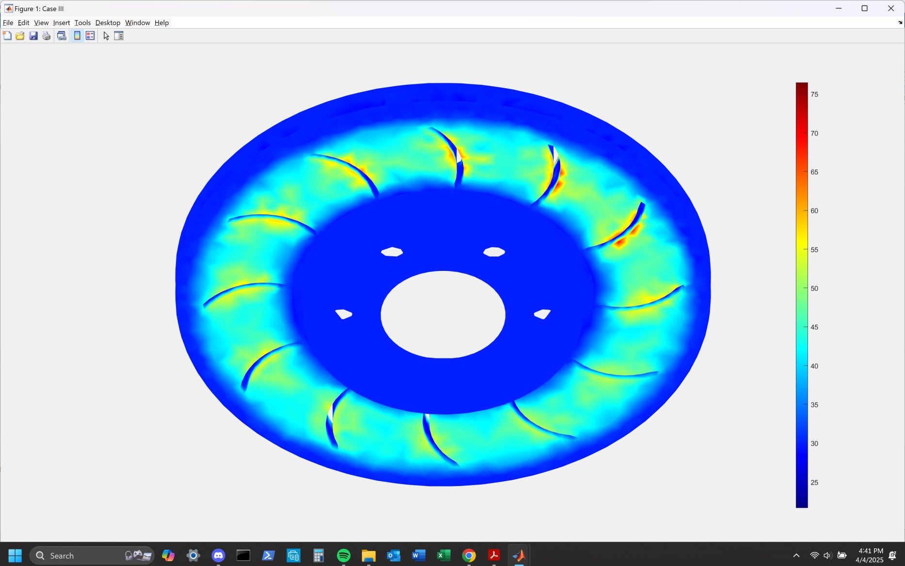 Image of simulation results for Case III on disc brake with perforations